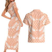 Apricot Mermaid Puakenikeni Maile Lei Couples Matching Short Sleeve Bodycon Dress and Hawaiian Shirt