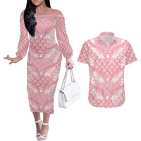 Soft Pink Mermaid Puakenikeni Maile Lei Couples Matching Off The Shoulder Long Sleeve Dress and Hawaiian Shirt