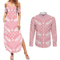 Soft Pink Mermaid Puakenikeni Maile Lei Couples Matching Summer Maxi Dress and Long Sleeve Button Shirt LT01 Pink - Polynesian Pride