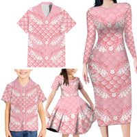 Soft Pink Mermaid Puakenikeni Maile Lei Family Matching Long Sleeve Bodycon Dress and Hawaiian Shirt