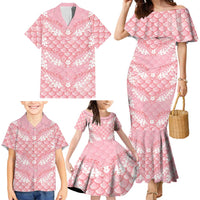 Soft Pink Mermaid Puakenikeni Maile Lei Family Matching Mermaid Dress and Hawaiian Shirt