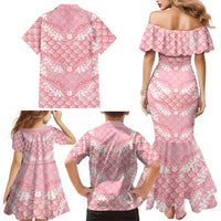 Soft Pink Mermaid Puakenikeni Maile Lei Family Matching Mermaid Dress and Hawaiian Shirt