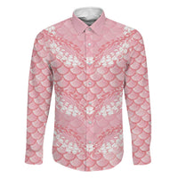 Soft Pink Mermaid Puakenikeni Maile Lei Family Matching Off The Shoulder Long Sleeve Dress and Hawaiian Shirt