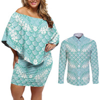 Light Turquoise Mermaid Puakenikeni Maile Lei Couples Matching Off Shoulder Short Dress and Long Sleeve Button Shirt LT01 Turquoise - Polynesian Pride