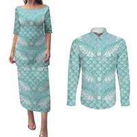 Light Turquoise Mermaid Puakenikeni Maile Lei Couples Matching Puletasi and Long Sleeve Button Shirt LT01 Turquoise - Polynesian Pride