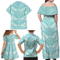 Light Turquoise Mermaid Puakenikeni Maile Lei Family Matching Off Shoulder Maxi Dress and Hawaiian Shirt