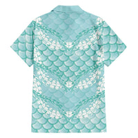 Light Turquoise Mermaid Puakenikeni Maile Lei Family Matching Off Shoulder Short Dress and Hawaiian Shirt