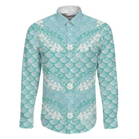 Light Turquoise Mermaid Puakenikeni Maile Lei Family Matching Off Shoulder Short Dress and Hawaiian Shirt