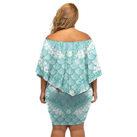Light Turquoise Mermaid Puakenikeni Maile Lei Family Matching Off Shoulder Short Dress and Hawaiian Shirt