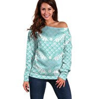 Light Turquoise Mermaid Puakenikeni Maile Lei Off Shoulder Sweater LT01 Women Turquoise - Polynesian Pride