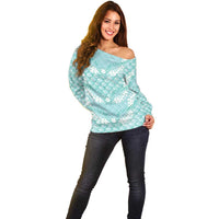 Light Turquoise Mermaid Puakenikeni Maile Lei Off Shoulder Sweater LT01 - Polynesian Pride