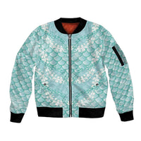 Light Turquoise Mermaid Puakenikeni Maile Lei Sleeve Zip Bomber Jacket LT01 Unisex Turquoise - Polynesian Pride