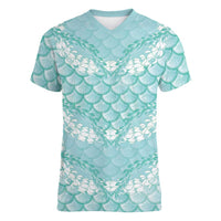 Light Turquoise Mermaid Puakenikeni Maile Lei Women V-Neck T-Shirt LT01 Female Turquoise - Polynesian Pride