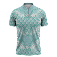 Light Turquoise Mermaid Puakenikeni Maile Lei Zipper Polo Shirt LT01 Turquoise - Polynesian Pride