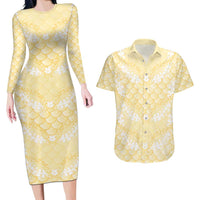 Pastel Yellow Mermaid Puakenikeni Maile Lei Couples Matching Long Sleeve Bodycon Dress and Hawaiian Shirt
