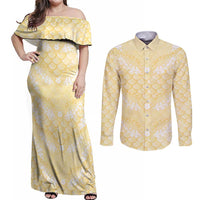 Pastel Yellow Mermaid Puakenikeni Maile Lei Couples Matching Off Shoulder Maxi Dress and Long Sleeve Button Shirt