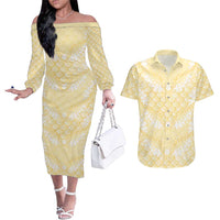 Pastel Yellow Mermaid Puakenikeni Maile Lei Couples Matching Off The Shoulder Long Sleeve Dress and Hawaiian Shirt