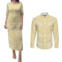Pastel Yellow Mermaid Puakenikeni Maile Lei Couples Matching Puletasi and Long Sleeve Button Shirt LT01 Yellow - Polynesian Pride