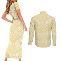 Pastel Yellow Mermaid Puakenikeni Maile Lei Couples Matching Short Sleeve Bodycon Dress and Long Sleeve Button Shirt