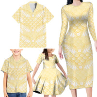 Pastel Yellow Mermaid Puakenikeni Maile Lei Family Matching Long Sleeve Bodycon Dress and Hawaiian Shirt