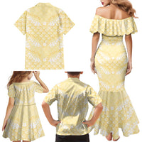 Pastel Yellow Mermaid Puakenikeni Maile Lei Family Matching Mermaid Dress and Hawaiian Shirt