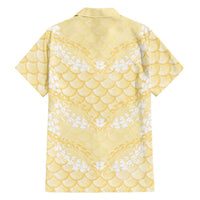 Pastel Yellow Mermaid Puakenikeni Maile Lei Family Matching Mermaid Dress and Hawaiian Shirt