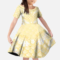 Pastel Yellow Mermaid Puakenikeni Maile Lei Family Matching Off Shoulder Maxi Dress and Hawaiian Shirt
