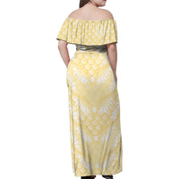 Pastel Yellow Mermaid Puakenikeni Maile Lei Family Matching Off Shoulder Maxi Dress and Hawaiian Shirt