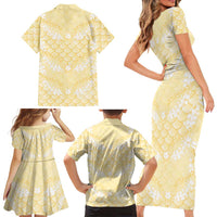 Pastel Yellow Mermaid Puakenikeni Maile Lei Family Matching Short Sleeve Bodycon Dress and Hawaiian Shirt
