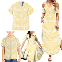 Pastel Yellow Mermaid Puakenikeni Maile Lei Family Matching Summer Maxi Dress and Hawaiian Shirt