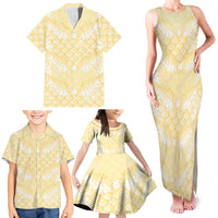 Pastel Yellow Mermaid Puakenikeni Maile Lei Family Matching Tank Maxi Dress and Hawaiian Shirt