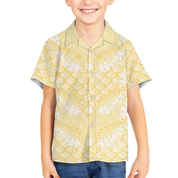 Pastel Yellow Mermaid Puakenikeni Maile Lei Family Matching Tank Maxi Dress and Hawaiian Shirt
