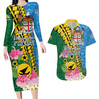 Personalised Malampa Fiji Day Couples Matching Long Sleeve Bodycon Dress and Hawaiian Shirt Tropical Tapa Pattern