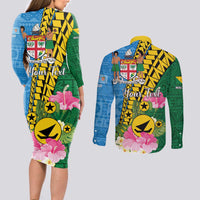 Personalised Malampa Fiji Day Couples Matching Long Sleeve Bodycon Dress and Long Sleeve Button Shirt Tropical Tapa Pattern