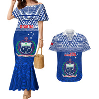 Samoa Rugby Couples Matching Mermaid Dress and Hawaiian Shirt Manu Samoa Polynesian Tatoo Pattern LT01 Blue - Polynesian Pride