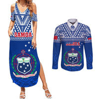 Samoa Rugby Couples Matching Summer Maxi Dress and Long Sleeve Button Shirts Manu Samoa Polynesian Tatoo Pattern LT01 Blue - Polynesian Pride
