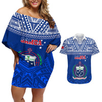 Custom Samoa Rugby Couples Matching Off Shoulder Short Dress and Hawaiian Shirt Manu Samoa Polynesian Tatoo Pattern LT01 Blue - Polynesian Pride
