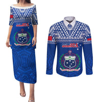 Custom Samoa Rugby Couples Matching Puletasi Dress and Long Sleeve Button Shirts Manu Samoa Polynesian Tatoo Pattern LT01 Blue - Polynesian Pride