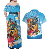 Personalized Aloha Hawaii Skeleton Surfing Couples Matching Off Shoulder Maxi Dress and Hawaiian Shirt Tribal Shark Plumeria