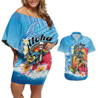Personalized Aloha Hawaii Skeleton Surfing Couples Matching Off Shoulder Short Dress and Hawaiian Shirt Tribal Shark Plumeria LT01 Blue - Polynesian Pride