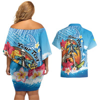 Personalized Aloha Hawaii Skeleton Surfing Couples Matching Off Shoulder Short Dress and Hawaiian Shirt Tribal Shark Plumeria LT01 - Polynesian Pride