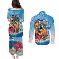 Personalized Aloha Hawaii Skeleton Surfing Couples Matching Puletasi and Long Sleeve Button Shirt Tribal Shark Plumeria LT01 - Polynesian Pride