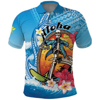 Personalized Aloha Hawaii Skeleton Surfing Polo Shirt Tribal Shark Plumeria LT01 Blue - Polynesian Pride