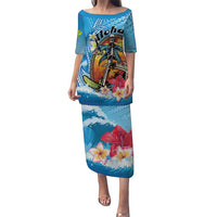 Personalized Aloha Hawaii Skeleton Surfing Puletasi Tribal Shark Plumeria LT01 Long Dress Blue - Polynesian Pride