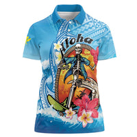 Personalized Aloha Hawaii Skeleton Surfing Women Polo Shirt Tribal Shark Plumeria