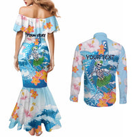 Personalized Hawaii Hula Girl Skeleton Dancing Couples Matching Mermaid Dress and Long Sleeve Button Shirt Hibiscus Tribal Shark