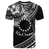 Kia Orana Cook Islands T Shirt Circle Stars With Floral White Pattern LT01 Black - Polynesian Pride