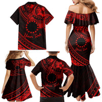 Kia Orana Cook Islands Family Matching Mermaid Dress and Hawaiian Shirt Circle Stars With Floral Red Pattern LT01 - Polynesian Pride