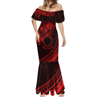 Kia Orana Cook Islands Mermaid Dress Circle Stars With Floral Red Pattern LT01 - Polynesian Pride