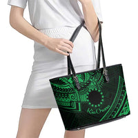 Kia Orana Cook Islands Leather Tote Bag Circle Stars With Floral Green Pattern LT01 - Polynesian Pride
